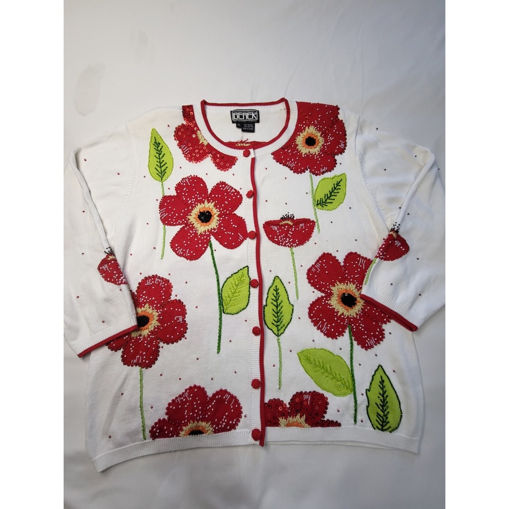 Berek Takako Sakon Vintage Floral Beaded Cardigan White Red Poppy XL Womens